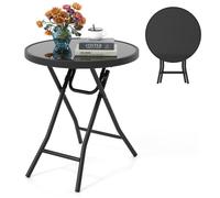 COSTWAY Table Pliante de Jardin 46 cm, Plateau en Verre Trempé, Table Ronde pour Intérieur Extérieur, pour Cour Porche Salon, Noir