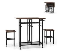 COSTWAY Table Pliante Interieur, Table Extensible avec 2 Tabourets, Desserte îlot Central Cuisine 39-74 cm à 5 roulettes, 2 Étagères, Porte-Bouteilles, Rallonge Rabattable, Design Compact(Marron)
