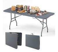 COSTWAY Table Pliante Plateau en HDPE 180 x 74 cm, Table de Salle à Manger Pliable avec Mécanisme de Verrouillage Sécurisé Poignée Portative, Charge 160KG, pour Camping Pique-Nique (Gris)