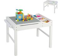 COSTWAY Table pour enfants 2 en 1 avec plateau réversible, table de jeu en pin avec espace de rangement, barre latérale & rouleau de papier, table d'activités Lego pour enfants de 3 ans et plus (Blanc
