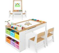 COSTWAY Table pour enfants 3 en 1, table d'activités & chevalet en bois avec plateau de table relevable, groupe de sièges pour enfants à partir de 3 ans (Natural)