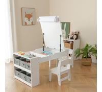 COSTWAY Table pour enfants 3 en 1, table d'activités & chevalet en bois avec plateau relevable, groupe de sièges pour enfants à partir de 3 ans (Blanc)