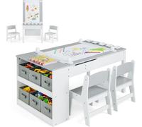 COSTWAY Table pour enfants 3 en 1, table d'activités & chevalet en bois avec plateau relevable, groupe de sièges pour enfants à partir de 3 ans (Gris)