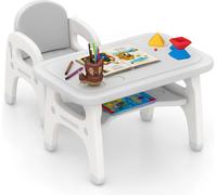 COSTWAY Table pour enfants avec chaise, Ensemble de sièges pour enfants avec cubes et étagère, Table de peinture pour enfants avec design de dinosaure, Table pour enfants chaise Gris