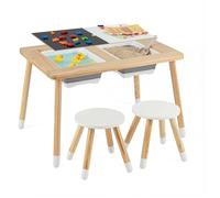 COSTWAY Table Sensorielle Enfant en Bois avec 2 Chaises, Table d'Activités Enfant avec Tableau Noir et Blanc, 2 Bacs Pliables pour Eau et Sable, Charge 75/90 kg pour 3 Ans+ (avec Tabouret Rond)