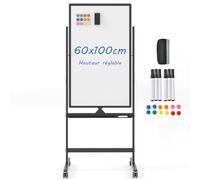 COSTWAY Tableau Blanc Effacable 60x100cm, Tableau Blanc sur Pieds Double Face, Hauteur Réglable sur 2 Positions, Tableau Magnetique Roulettes pour École, Bureau(60x100cm, Noir)