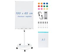 COSTWAY Tableau Blanc Effacable sur Pied, 100 x 65 cm, Tableau Blanc sur Pieds Hauteur Réglable 132-192 cm, Support Sur Roulettes, Cadre en Alu, Paper Board, pour École, Bureau