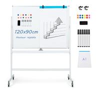 COSTWAY Tableau Blanc Effacable sur Pied 120 x 90 CM, Double Face, White Board Magnetique avec Support, 2 Hauteurs Réglables, 6 Marqueurs, Tableau Blanc Roulette pour Bureau Maison, Blanc