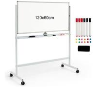 COSTWAY Tableau Blanc Mobile 120x60cm Double Face Réversible 360° Mobile 2 Hauteur Effaçable à Sec 12 Aimants 6 Marqueurs Blanc