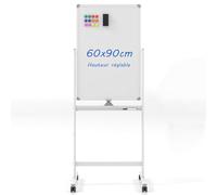 COSTWAY Tableau Blanc Magnétique sur Pieds 60 x 90 cm, Double Face avec Hauteur Réglable sur 2 Positions et Roulettes pour École, Bureau (Blanc)