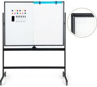 COSTWAY Tableau blanc mobile double face, 120 x 90 cm, Tableau blanc magnétique effaçable à sec avec motif en grille, roulettes, support et plumier, accessoires inclus pour le bureau, la maison (Noir)