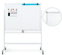 COSTWAY Tableau blanc mobile double face, 120 x 90 cm, Tableau blanc magnétique effaçable à sec avec motif en grille, roulettes, support et plumier, accessoires inclus pour le bureau, la maison (Blanc
