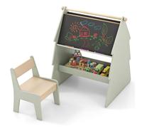 COSTWAY Tableau Enfant Double Face avec Chaise & Forme d’arbre, Chevalet Enfant en Bois avec Plateau de Rangement & Support Supérieur, Charge 10/60kg pour 2 Enfants de 3 Ans+