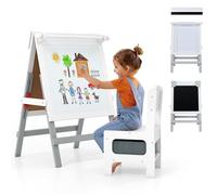 COSTWAY Tableau Enfant Double Face avec Chaise & Porte-Papier, Chevalet Enfant Réglable en Hauteur avec Tableau Noir & Blanc, Barres Magnétiques, Bac en Tissu pour 3+ Ans