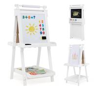 COSTWAY Tableau Enfant Double Face avec Hauteur Réglable & Rouleau de Papier Remplaçable, Chevalet Magnétique Pliable avec Tableau Noir & Blanc, 3 Pots & 3 Plateaux pour Enfant de 3 Ans+ (Blanc)