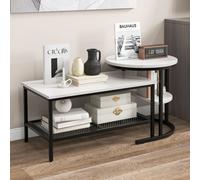 COSTWAY Tables basses combinables, ensemble de 2 tables basses avec plateau en marbre artificiel & étagère supplémentaire, petite table d'appoint ronde & table basse rectangulaire pour salon, chambre