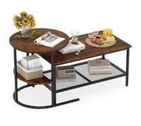 COSTWAY Tables Basses Gigognes Lot de 2, Table Gigogne Design Marbre, Cadre en Métal Doré, Table Basse Salon Rectangulaire, Table d'Appoint Ronde pour Canapé, Salon, Chambre (Marron Rustique)