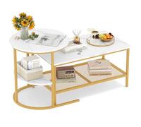 COSTWAY Tables Basses Gigognes Lot de 2, Table Gigogne Design Marbre, Cadre en Métal Doré, Table Basse Salon Rectangulaire, Table d'Appoint Ronde pour Canapé, Salon, Chambre (Blanc doré)