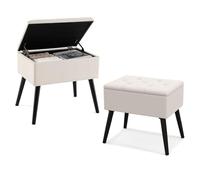 COSTWAY Tabouret Coiffeuse avec Rangement, Pouf Rangement en Velours, Pieds en Bois Massif, Siège Rembourré Rabattable, Banc Chaussures Entrée, pour Chambre Salon Coiffeuse, Charge 150 kg (Beige)