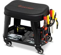 COSTWAY Tabouret d'atelier, Chaise d'atelier avec tablette d'outillage et porte-outil, Tabouret d'atelier à roulettes, Siège d'atelier avec roulettes pour ateliers, garages