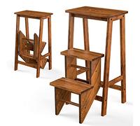 COSTWAY Tabouret Escabeau en Bois d'Hévéa Pliant, Marchepied 3 Marches, Escabeau Multifonctionnel avec Marches Réversibles, Portable, 57 X 41 X 76 cm, Capacité 310 kg (Chêne Foncé)