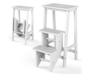 COSTWAY Tabouret Escabeau en Bois d'Hévéa Pliant, Marchepied 3 Marches, Escabeau Multifonctionnel avec Marches Réversibles, Portable, 57 X 41 X 76 cm (Blanc)