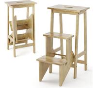 COSTWAY Tabouret marchepied, escabeau 3 marches pliable, marchepied avec poignée, jusqu'à 310 kg, échelle de ménage en bois massif, chaise échelle, tabouret, naturel