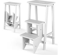 COSTWAY Tabouret marchepied pliable à 3 marches, aide à l'escalade multifonctionnelle portable avec marches pivotantes & poignée de transport, bois de caoutchouc