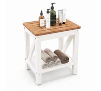 COSTWAY Tabouret Salle de Bain à 2 Niveaux Imperméable, Petit Tabouret de Douche Antidérapant avec Étagère Rangement, Chaise Banc Salle de Bain Siège de Douche pour Enfants et Adultes, Brun & Blanc
