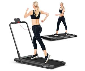 COSTWAY Tapis de Course Pliable 2 en 1, Tapis Roulant Électrique Motorisé 1-12 KM/H avec Application, Télécommande, Écran LED, Tapis de Marche pour Maison et Bureau (Noir)