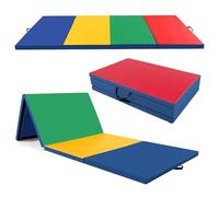 COSTWAY Tapis de Gymnastique Pliable à 4 Plis Epais, Matelas d'Entrainement en Mousse et PU avec Poignées Attaches Auto-agrippantes, pour Gymnastes Entraînements Yoga 300x117x5CM (Bleu+Jaune+Rouge)