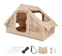 COSTWAY Tente de Camping Gonflable pour 4-6 Personnes, Grande Tente Familiale avec 4 Fenêtres à Moustiquaire 2 Portes Aérations Supérieures Sac de Transport, pour Fête Randonnée (Beige)