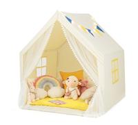 COSTWAY Tente de Jeu Enfants avec Lumières d'Étoiles & Drapeau, Cabane Enfants avec Tapis en Coton & Rideau en Gaze, Poche Latérale, Structure Stable pour 1-2 Enfants, 122 x 105 x 125 CM (Beige)