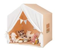 COSTWAY Tente de Jeu Enfants avec Tapis en Coton, Cabane Enfants Intérieur Extérieur avec Bannière de Drapeau, Cadre en Bois, Tente pour 2-3 Enfants de 3 Ans+, 131 x 91 x 131 cm (Marron)