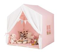 COSTWAY Tente de Jeu Enfants avec Tapis en Coton, Cabane Enfants Intérieur Extérieur avec Bannière de Drapeau, Cadre en Bois, Tente pour 2-3 Enfants de 3 Ans+, 131 x 91 x 131 cm (Rose)