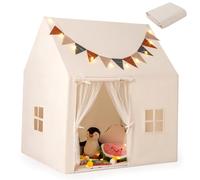 COSTWAY Tente de Jeux Enfant avec Guirlandes Lumineuses & Drapeaux, Cabane Enfant Interieure avec 2 Fenêtres & Tapis Antidérapant, Rideaux en Maille, Style Princesse pour 3 Enfants de 3-14 Ans