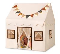 COSTWAY Tente de Jeux Enfant avec Guirlandes Lumineuses & Drapeaux, Cabane Enfant Interieure avec 3 Fenêtres & Tapis Antidérapant, Rideaux en Maille, Style Princesse pour 3 Enfants de 3-14 Ans