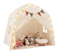 COSTWAY Tente de Jeux Enfant avec Guirlandes Lumineuses & Drapeaux, Cabane Enfant Interieure avec Fenêtres & Tissu Lavable, Style Princesse pour 3 Enfants de 3-12 Ans, 157x98x148cm (Beige)