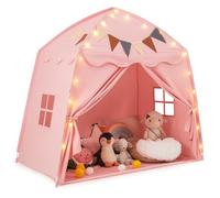 COSTWAY Tente de Jeux Enfant avec Guirlandes Lumineuses & Drapeaux, Cabane Enfant Interieure avec Fenêtres & Tissu Lavable, Style Princesse pour 3 Enfants de 3-12 Ans, 157x98x148cm (Rose)