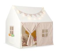 COSTWAY Tente de Jeux Enfant avec Guirlandes Lumineuses Étoiles & Drapeau, Cabane Enfant Interieure avec Tapis Lavable, Poche Latérale, Style Princesse pour 3 Enfants de 3-8 Ans, 125x100x127cm