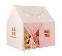 COSTWAY Tente de Jeux Enfant avec Guirlandes Lumineuses Étoiles & Drapeau, Cabane Enfant Interieure avec Tapis Lavable, Poche Latérale, Style Princesse pour 3 Enfants de 3-8 Ans, 125x100x127cm (Rose)
