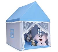 COSTWAY Tente de Jeux Enfant avec Tapis Doux & Lavable, Maison de Jeu en Château de Style Princesse en Coton, Cadre en Bois pour 3-4 Garçons et Filles, 120x105x140cm
