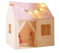 COSTWAY Tente de Jeux Enfant avec Tissu Phosphorescente & Guirlande Lumineuse & Drapeaux, Cabane Enfant Interieure avec 2 Fenêtres & Tapis, Rideaux en Maille, Style Princesse pour 3 Ans+ (Rose)