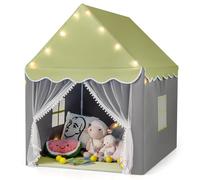 COSTWAY Tente de Jeux pour Enfants avec Lumières Étoiles & Tapis Lavable en Coton, Cabane Enfant Interieur avec Rideau & 2 Fenêtres, Château de Princesse Tente pour 4 Enfants, 104x122x135 cm