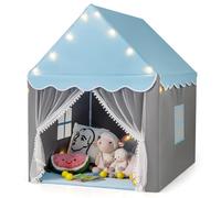 COSTWAY Tente de Jeux pour Enfants avec Lumières Étoiles & Tapis Lavable en Coton, Cabane Enfant Interieur avec Rideau & 2 Fenêtres, Château de Princesse Tente pour 4 Enfants, 104x122x135 cm