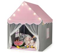 COSTWAY Tente de Jeux pour Enfants avec Lumières Étoiles & Tapis Lavable en Coton, Cabane Enfant Interieur avec Rideau & 2 Fenêtres, Château de Princesse Tente pour 4 Enfants, 104x122x135 cm