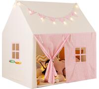COSTWAY Tente d'intérieur pour enfants, Maison de jeu pour enfants avec tapis, lumières, bannière de drapeau&fenêtres, Tente de jeu pour enfants, Tente de jeu pour garçons & filles 3+Rose