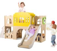 COSTWAY Toboggan 7 en 1 pour enfants, toboggan pour enfants avec échelle d'escalade, panier de basket, tunnel&espace de rangement, aire de jeux intérieure & extérieure pour enfants 3+
