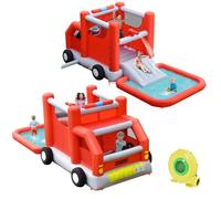 COSTWAY Toboggan Aquatique Gonflable avec Gonfleur 480W Piscine à Eclaboussures sur Thème Voiture de Pompiers Ballon de Basket