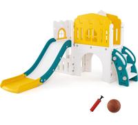 COSTWAY Toboggan pour enfants, 9 en 1 Toboggan pour enfants avec panier de basket, structure d'escalade, tunnel, télescopique & espace de rangement, Indoor, Aire de jeux pour enfants 1+ (Jaune+Vert)